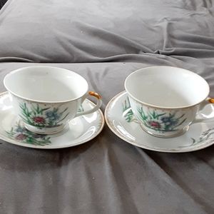 2 sets matching 2 cups & saucers gold leaf